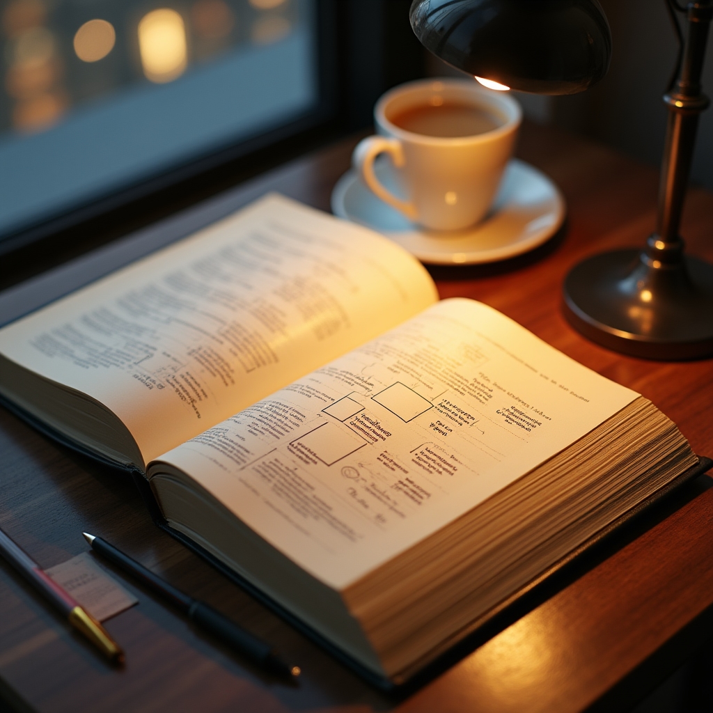 Open book with behavioral economics diagrams and notes on a clean desk with a cup of coffee nearby