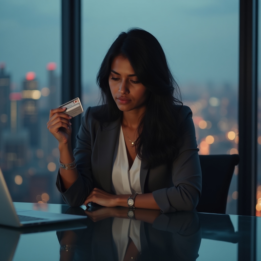 Person reflecting on a purchase decision, holding a credit card thoughtfully
