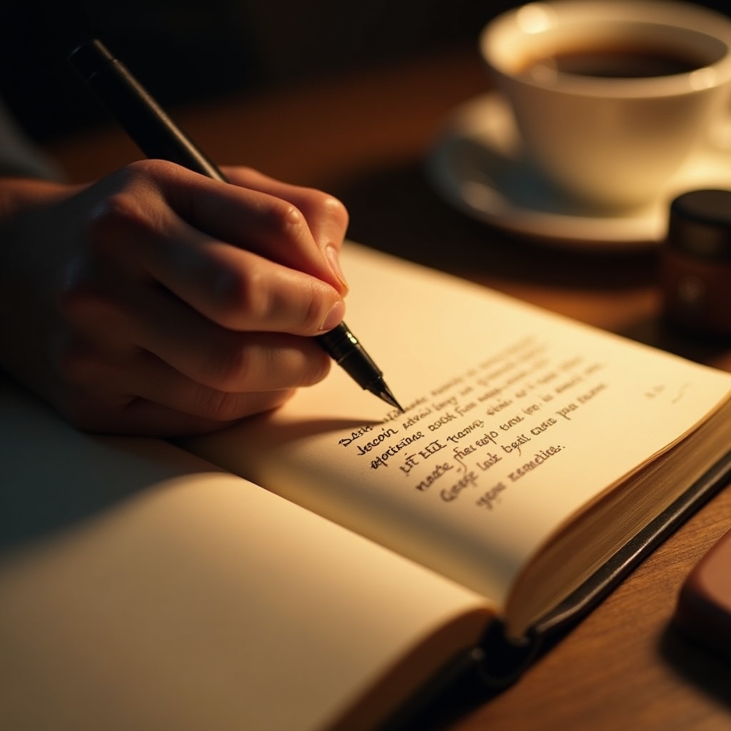 Close-up of a hand writing in a notebook during a reflection exercise, pen on paper, warm desk lighting